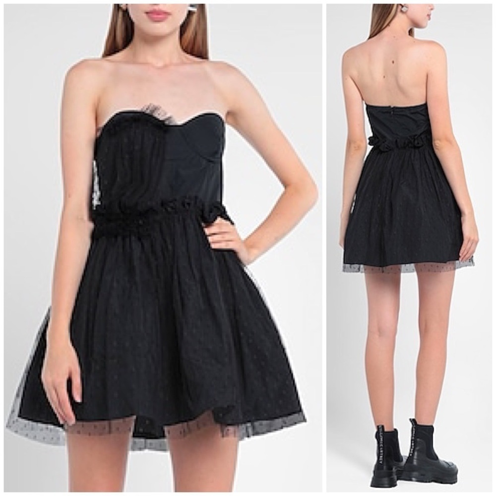 NWT RED Valentino Tulle Trim Sweetheart Neck Fit Flare Mini Dress Black Sz 40